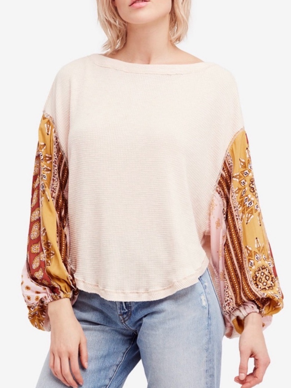 We The Free Waffle Knit Blossom Balloon-Sleeve Thermal Top Women’s Size Small